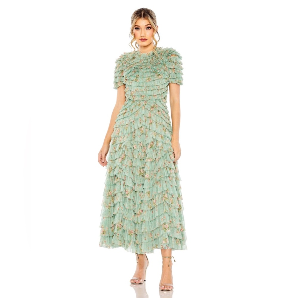 Mac Duggal Floral Ruffle Tiered Mesh‎ Mock Neck Sleeveless Dress Sz 14 NWT